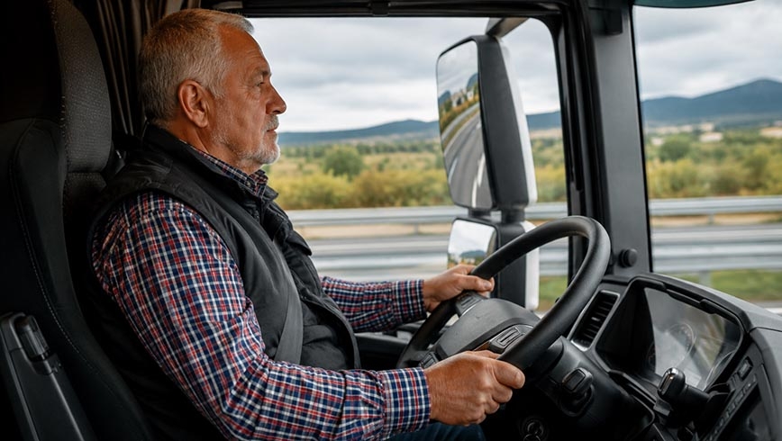 Conductor de edad avanzada conduciendo un camión