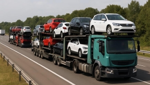 Varios camiones portavehículos circulan por una autovía española en dirección correcta, transportando coches nuevos sobre plataformas de doble nivel. En primer plano, destaca un camión verde europeo, seguido por unidades rojas y blancas, todos en una vía perfectamente señalizada, bajo un cielo parcialmente nublado y rodeados de vegetación. La imagen refleja la actividad logística del transporte de automóviles por carretera en condiciones operativas normales.