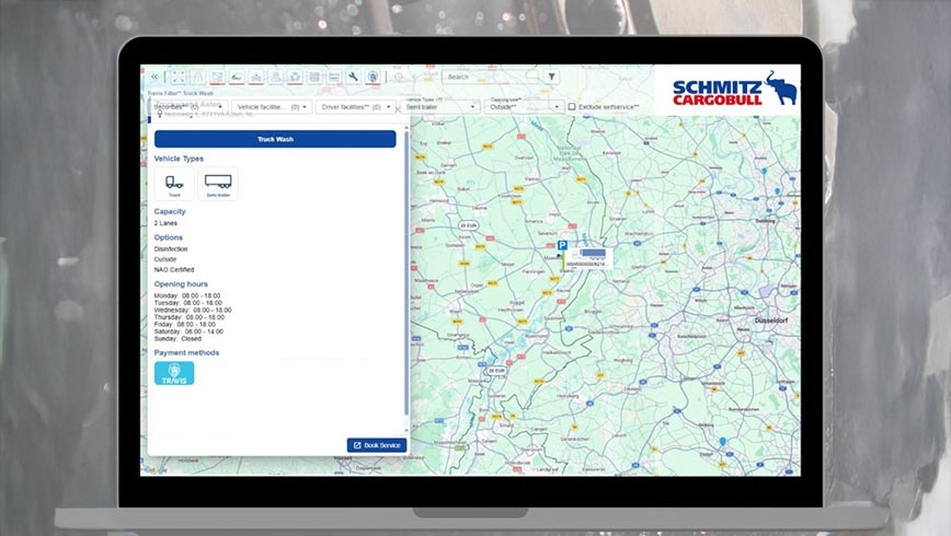Schmitz Cargobull integra lavado y aparcamiento en TrailerConnect con TRAVIS