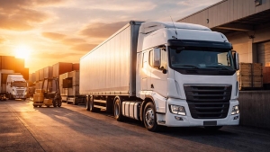 Camiones en muelle de carga y descarga